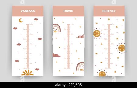 Set di tabelle altezza bambini. Muro di metri con carino boho arcobaleno e luna. Illustrazione vettoriale in stile fumetto doodle. Grafico della crescita infantile. Poster Illustrazione Vettoriale