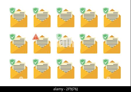 E-mail con documento nero e icona cranio. Virus, malware, frodi via e-mail, spam via e-mail, phishing, concetto di attacco hacker. Vettore Illustrazione Vettoriale