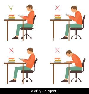 posizione seduta corretta e non corretta, postura del banco di lettura, illustrazione vettoriale Illustrazione Vettoriale