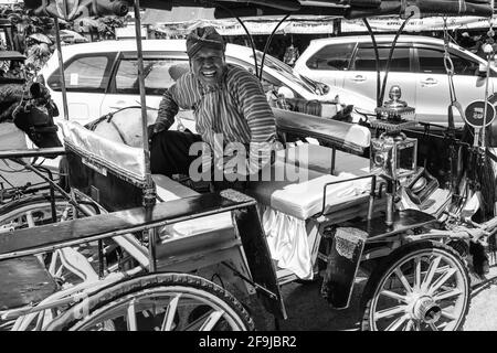 Un cavallo e carrozza e autista, Malioboro Street, Yogyakarta, Indonesia. Foto Stock