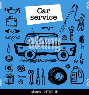 Concetto di servizio auto. Set con parti di auto e attrezzi, servizio auto, servizio pneumatici, riparazione auto, ecc Doodle inchiostro stile illustrazione vettoriale Illustrazione Vettoriale