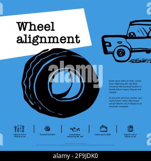 Concetto di servizio auto. Banner Web. Allineamento delle ruote, cedimento di similarità, servizio di pneumatici, riparazione di automobili, ecc. illustrazione vettoriale dello stile dell'inchiostro Doodle Illustrazione Vettoriale
