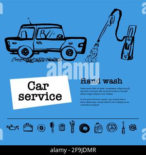 Concetto di servizio auto. Banner Web con scena presenta i lavoratori in auto servizio, lavaggio a mano, servizio pneumatici, riparazione auto, ecc Doodle inchiostro stile illustrazione vettoriale Illustrazione Vettoriale