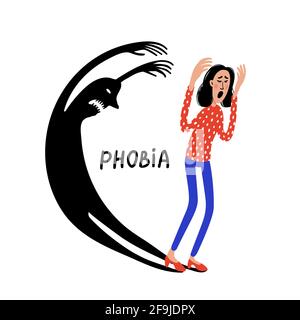 Psicologia. Fobia. Spaventato personaggio Donna in fuga spaventoso mostro ombra. Una donna che soffre di paura. Illustrazione vettoriale piatta stile Doodle Illustrazione Vettoriale