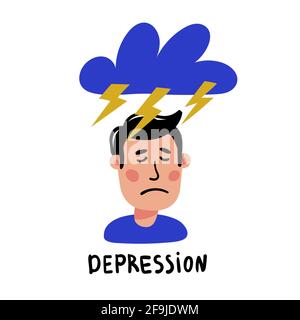 Psicologia. Depressione. Personaggio uomo depresso con nube di tuoni e fulmini sopra la testa. Illustrazione vettoriale piatta in stile doodle. Illustrazione Vettoriale
