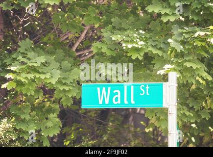 Cartello Wall Street con alberi verdi sfocati sullo sfondo, fuoco selettivo, New York City, USA. Foto Stock