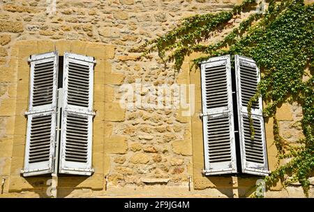 Tipica facciata rurale in stile Provençal nel pittoresco villaggio di Lourmarin a Vaucluse, Provenza Francia. Foto Stock