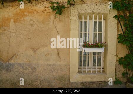 Tipica facciata rurale in stile Provençal nel pittoresco villaggio di Lourmarin a Vaucluse, Provenza Francia. Foto Stock