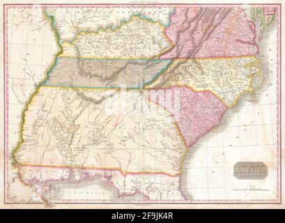 Bella vintage mano disegnata Pinkerton mappa degli Stati Uniti dal 1818 con belle mappe colorate e illustrazioni di paesi, regioni e oceani. Foto Stock