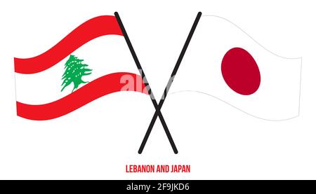Libano e Giappone Bandiere incrociate e ondeggianti stile piatto. Proporzione ufficiale. Colori corretti. Illustrazione Vettoriale