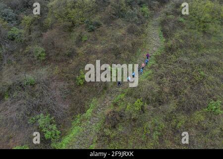 (210419) -- YINGJING, 19 aprile 2021 (Xinhua) -- Foto aerea scattata il 18 aprile 2021 mostra gli escursionisti che camminano lungo una sezione dell'antica strada del Cavallo del tè di Daxiangling nella contea di Yingjing, provincia sudoccidentale del Sichuan della Cina. La Contea di Yingjing ha cercato di promuovere la sua industria turistica sfruttando le sue ricche risorse forestali. (Xinhua/Jiang Hongjing) Foto Stock