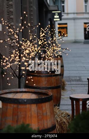 Fuoco selettivo di un bell'albero decorativo e legno barili Foto Stock