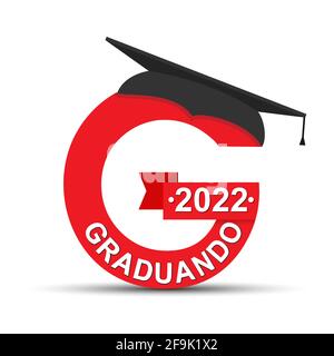 Lettera stilizzata G con l'iscrizione Graduate 2022 e il tappo graduato. Lingua portoghese. Semplice design dello stock isolato su uno sfondo bianco per Illustrazione Vettoriale