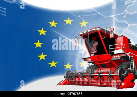 Concetto di innovazione agricola, mietitrebbiatrice di grano rossa avanzata sulla bandiera dell'Unione europea - illustrazione 3D industriale digitale Foto Stock