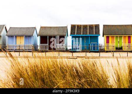 Sandilands Beach huts, Sandilands chalets, Beach huts, chalet, Sandilands, Sutton sul mare, Lincolnshire, Regno Unito, Sandilands chalet, Sandilands spiaggia Foto Stock