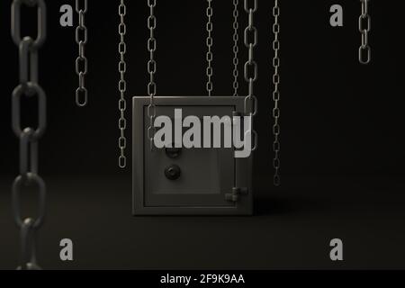 Sicurezza Metal Safe circondata da catene. Concetto dell'importanza della sicurezza. Bel background su argomenti finanziari - illustrazione 3D Foto Stock