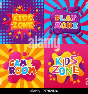 Area bambini, sala giochi e giochi, cartelli per bambini, poster vettoriali o striscioni. Sfondo a colori cartoni animati Kid zone, camera per bambini o parco scolastico e. Illustrazione Vettoriale