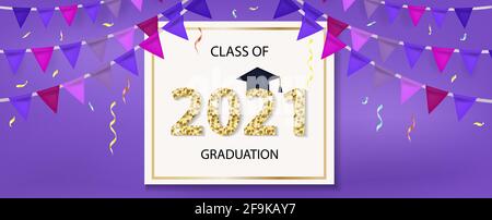Modello di congratulazioni per la classe di 2021 graduazioni per il tuo design con cappello di graduazione e numeri lucidi. Illustrazione vettoriale Illustrazione Vettoriale