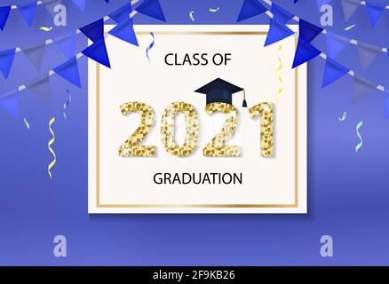 Modello di congratulazioni per la classe di 2021 graduazioni per il tuo design con cappello di graduazione e numeri lucidi. Illustrazione vettoriale Illustrazione Vettoriale