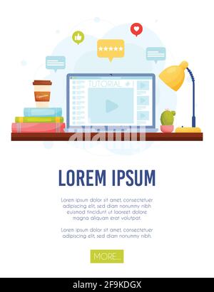 Concetto di tutorial video online. Area di lavoro Home. Illustrazione vettoriale. Illustrazione Vettoriale