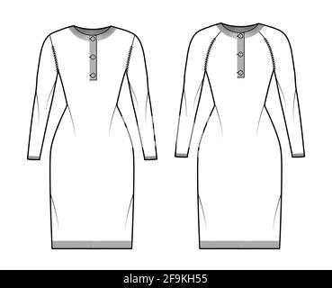 Set di pullover Polo dress illustrazione tecnica di moda con collo henley a costine, colletto classico, maniche lunghe a raglan, rifiniture in maglia. Abbigliamento piatto, anteriore, posteriore, colore bianco. Donne, uomini CAD mockup Illustrazione Vettoriale