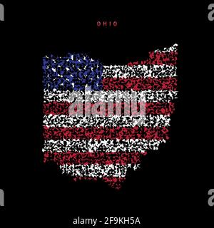 Mappa della bandiera degli Stati Uniti dell'Ohio, schema di particelle caotiche nei colori della bandiera americana. Illustrazione vettoriale isolata su sfondo nero. Illustrazione Vettoriale