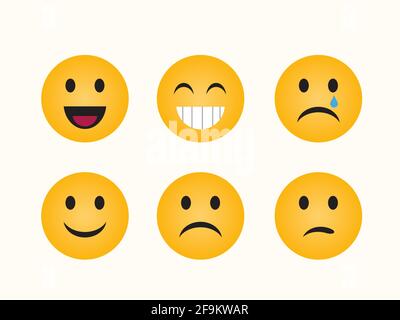 Set di emoticon di base. Set di emoticon di base in design piatto, cute Cartoon Face Emotion mood, set di emoticon. Smiley. Emoji cerchio giallo, sorrisi, Illustrazione Vettoriale