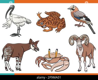 Illustrazione di fumetti di animali selvatici felici set di personaggi comici Illustrazione Vettoriale