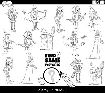 Illustrazione cartoon in bianco e nero della ricerca di due stesse immagini gioco educativo con divertenti personaggi per bambini alla festa in costume pagina del libro da colorare Illustrazione Vettoriale