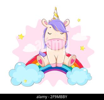 Carino unicorno seduto sull'arcobaleno. Divertente magia unicorn personaggio cartoon. Utilizzabile per la stampa, l'invito e altri scopi. Illustrazione vettoriale stock Illustrazione Vettoriale