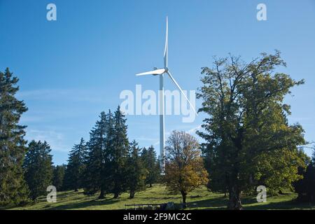 Windräder auf dem Mont Soleil im Berner Jura Foto Stock