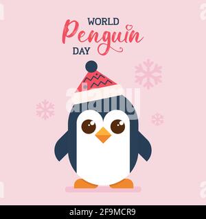 Poster del giorno dei pinguini del mondo, Natale giorno nevoso carino bambino pinguino piatto illustrazione vettore banner Illustrazione Vettoriale