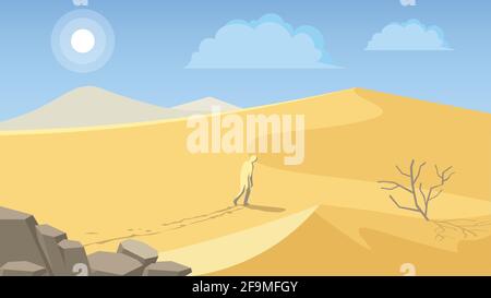 Splendido paesaggio desertico dell'Egitto o del paese arabo con un grande sole che si fa arenare su uno sfondo blu. Illustrazione vettoriale colorata. Illustrazione Vettoriale