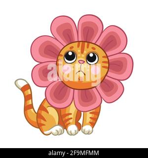 Carino gatto con copricapo in forma di fiore. Personaggio cartoon. Illustrazione vettoriale isolata. Per stampa e design, poster, design per vivai, cartoncino Illustrazione Vettoriale