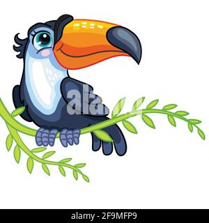 Cute toucan seduta su una liana. Personaggio cartoon. Illustrazione colorata isolata dal vettore. Per stampa e design, poster, design per vivai, cartoncini, appiccicale Illustrazione Vettoriale