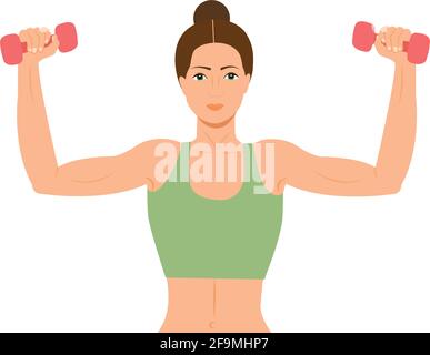 Donna che fa esercizi di fitness. Bella ragazza fitness con manubri. Donna atletica che tiene i manubri. Bella gym ragazza che ha scavato un gumbell Vector illus Illustrazione Vettoriale