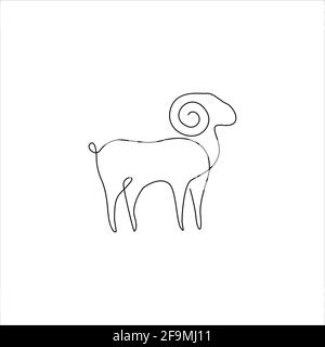 Icona minimalista di pecora maschile a una linea. Tatuaggio del cilindro con disegno a linee. Illustrazione del vettore di capra di RAM. Disegno libero a linea singola di capra di montagna o montoni del bighorn. Illustrazione Vettoriale