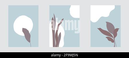 Modello botanico astratto nel disegno piatto insieme di illustrazioni vettoriali di arte della parete con foglie diverse su sfondo punteggiato astratto Illustrazione Vettoriale