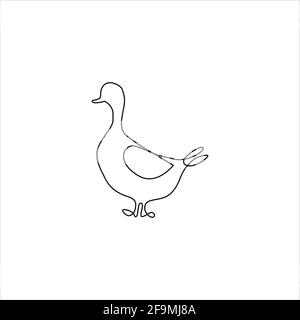 Icona minimalistica di un'oca o di un'anatra. Uccelli da fattoria disegno a mano su una linea o stampa continua di arte, illustrazione vettoriale. Tatuaggio con disegno a linea Duck. Fre Illustrazione Vettoriale