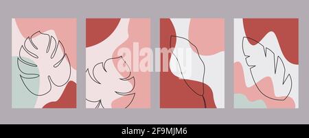 Moderna pianta parete art illustrazione vettoriale in linea stile set di modelli di disegno con foglie tropicali di contorno su astratto colorato sfondo Illustrazione Vettoriale