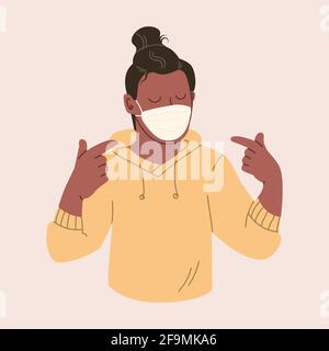 Giovane uomo in una maschera protettiva. Un ragazzo felice usa una maschera medica. Illustrazione in colori pastello. Illustrazione Vettoriale