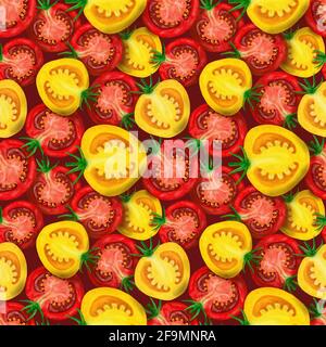 Pomodori rossi e gialli a fette senza cuciture, isolati al buio sfondo Foto Stock