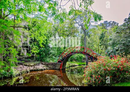 Il Moon Bridge, o Ponte Orientale, è raffigurato nel Giardino Asiatico-Americano a Bellingrath Gardens, 19 aprile 2021, a Theodore, Alabama. Foto Stock