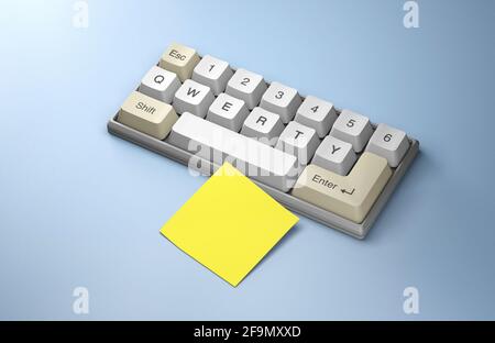 Tastiera con pulsanti QWERTY. Concetto di come creare una buona password. Adesivo giallo per ufficio, nota. rendering 3d. Foto Stock