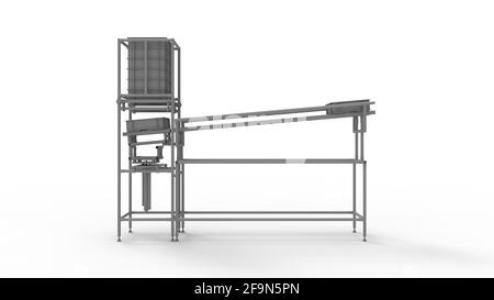 Rendering 3D di una macchina per l'installazione di una fabbrica di nastri trasportatori a cassa impilabile, isolata su sfondo bianco Foto Stock