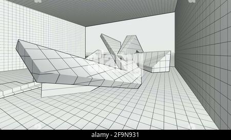 Illustrazione 3D - astratto vuoto coperto con cemento a griglia interno della camera Foto Stock