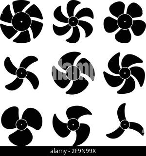 Set di icone delle pale della ventola. Parti di ricambio. Vettore silhouette Illustrazione Vettoriale
