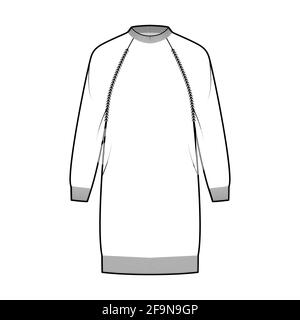 Abito da pesca maglia illustrazione tecnica moda maglione con costoletta, maniche lunghe raglan, lunghezza dell'anca, finitura a maglia. Ponticello piatto davanti, colore bianco. Donne uomini Unisex CAD mockup Illustrazione Vettoriale