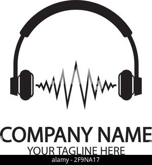 Cuffie con microfono e battute di onde sonore, concetto di logo della stazione radio, simbolo dj discoteca, etichetta dello studio di trasmissione, emblema di assistenza clienti f Illustrazione Vettoriale