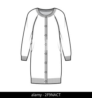 Abito maglia a collo rotondo maglione cardigan illustrazione tecnica moda con maniche lunghe raglan, corpo oversize, lunghezza ginocchio, polsino a coste a maglia. Ponticello piatto davanti, colore bianco. Donne, mockup CAD Illustrazione Vettoriale